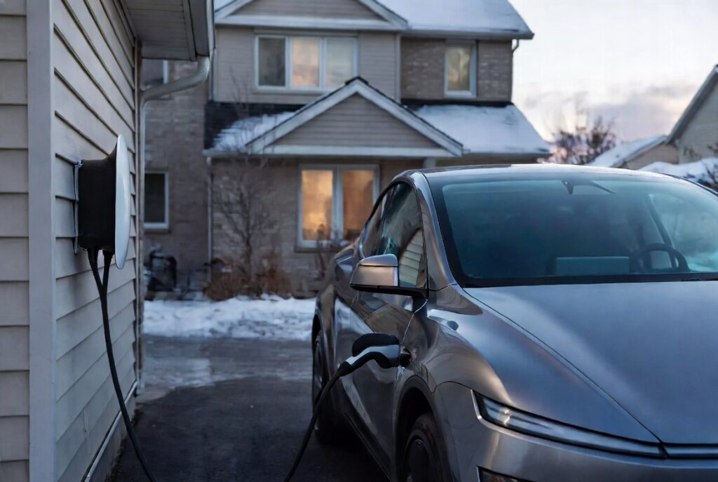 EV charger installation Toronto: a Level 2 home charger mounted in a garage