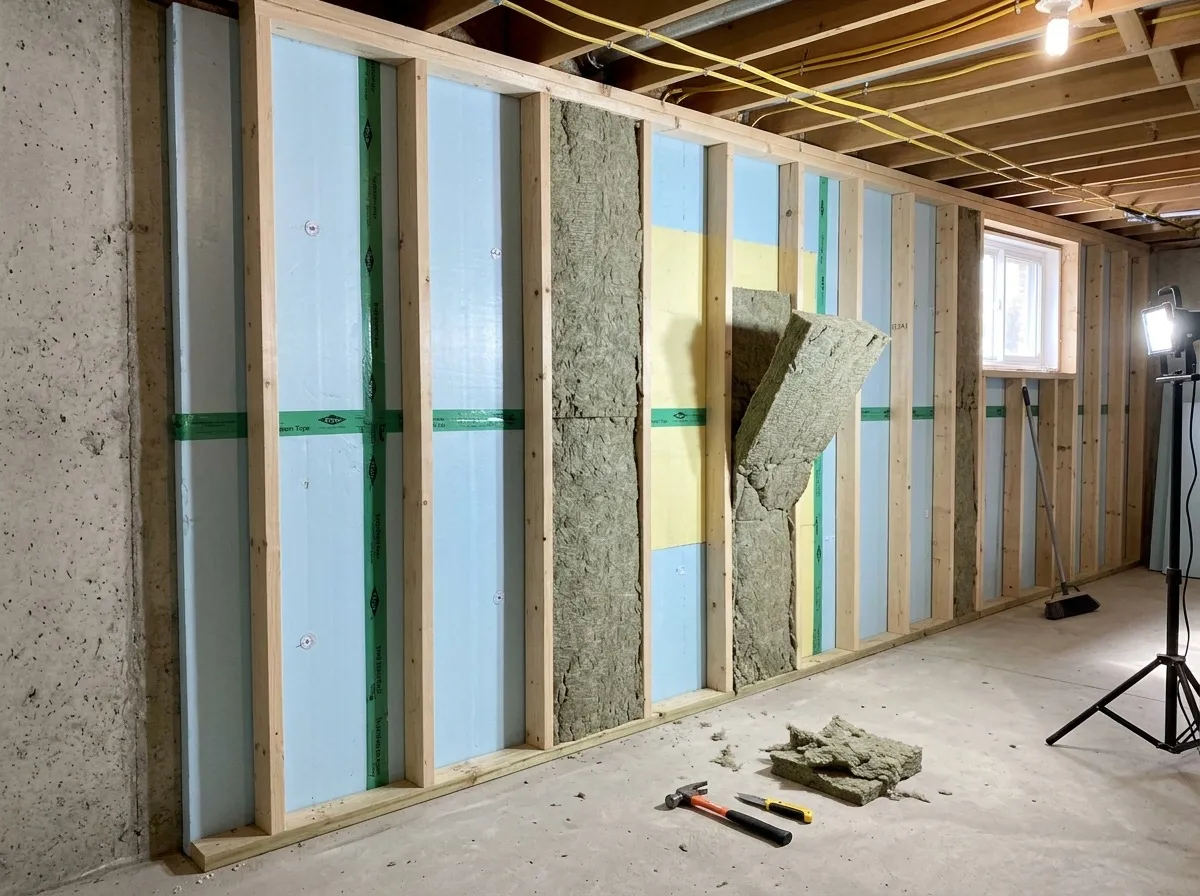 Rigid foam boards with taped seams behind a 2x4 stud wall filled with mineral wool batts in a basement