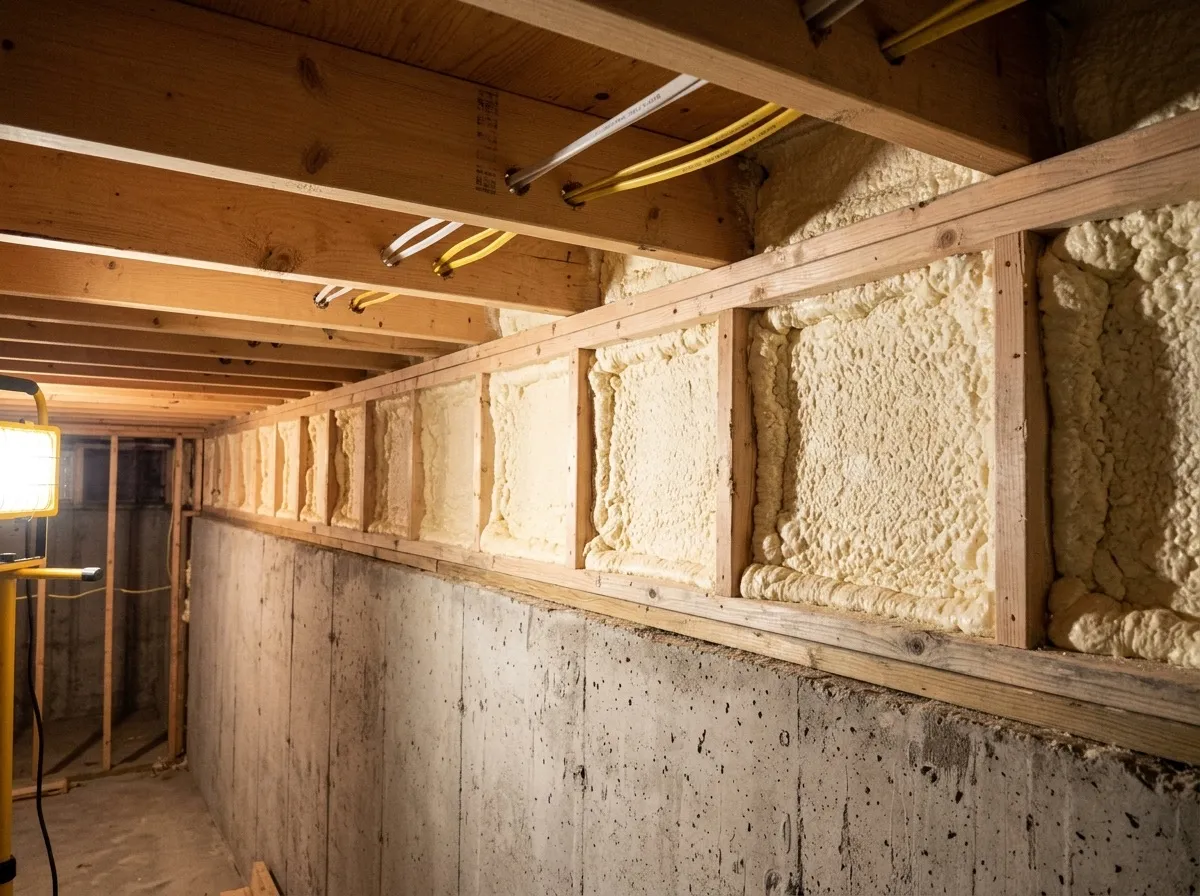 Closed-cell spray foam sealing the rim joist above a concrete foundation wall in a Toronto basement