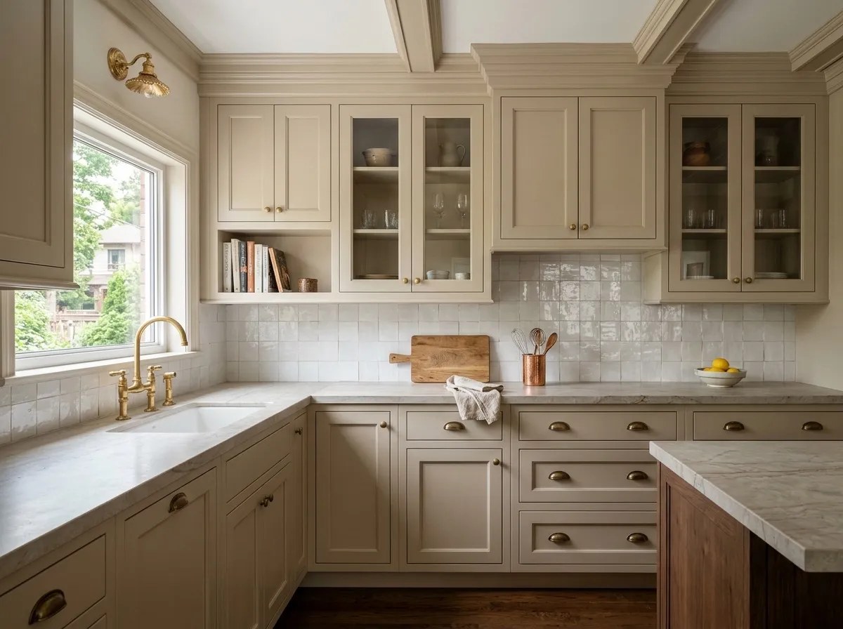 Beige framed shaker kitchen with limestone-look countertop, zellige backsplash and brass hardware