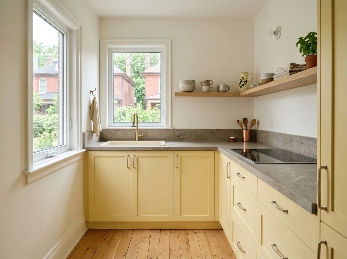 Small kitchen with butter yellow shaker cabinets and a warm grey stone countertop