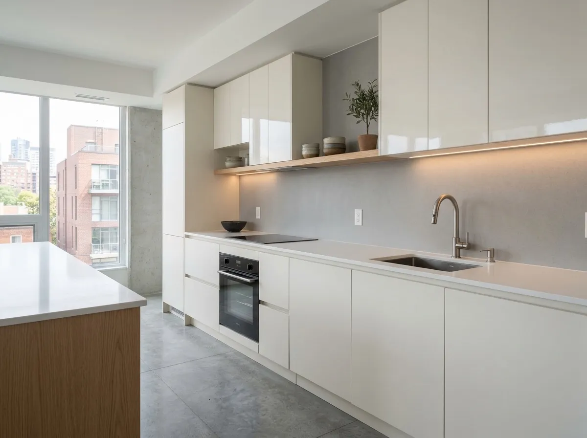 Condo kitchen with glossy white upper cabinets, matte white handleless lower cabinets and a white quartz countertop