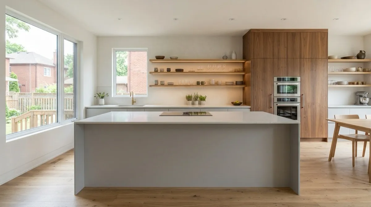 Open-concept kitchen with a grey handleless island, induction cooktop, walnut tall units and lit oak open shelves