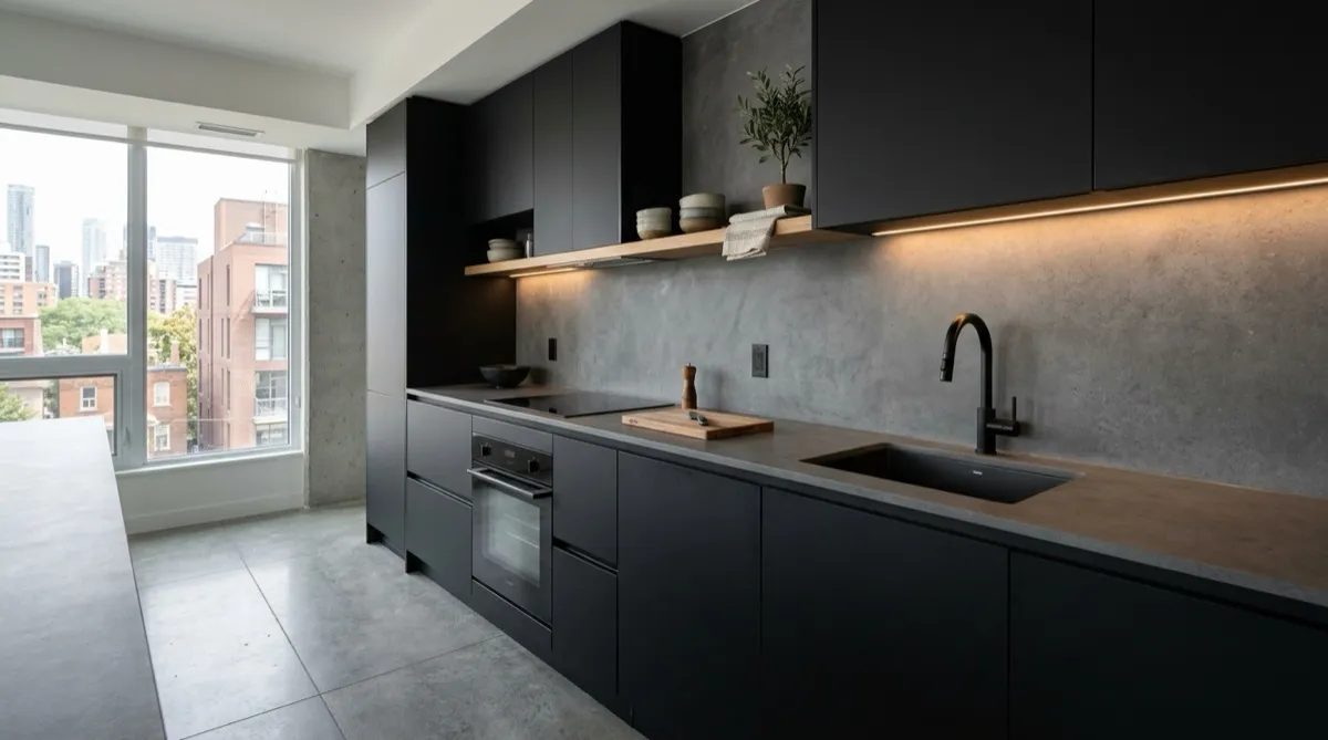 Handleless matte black condo kitchen with a dark concrete-look porcelain countertop and backsplash, oak shelf and LED lighting
