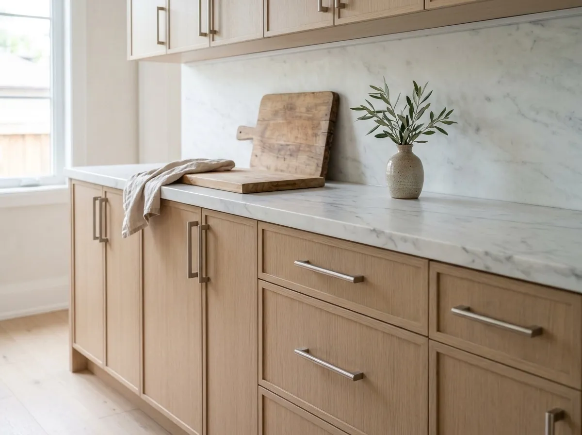 Light oak shaker cabinets with a white marble countertop and full marble backsplash