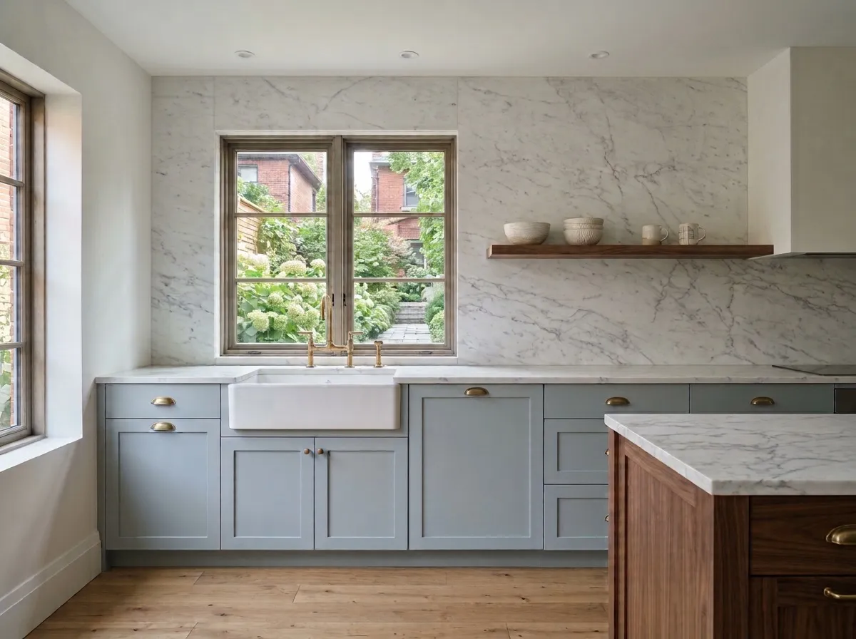 Dusty blue shaker kitchen with full-height white marble backsplash, walnut shelf and walnut island