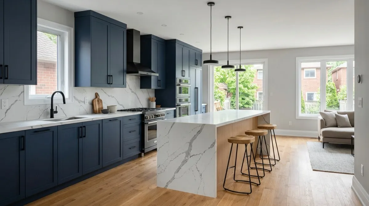 Open-concept kitchen with navy blue cabinets, a light oak island and a white veined quartz waterfall countertop