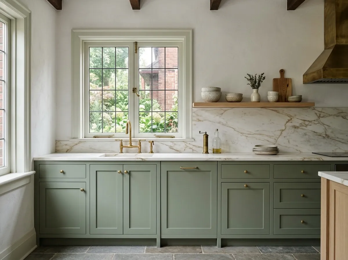 Sage green shaker kitchen with honed marble countertop and backsplash, brass faucet and oak shelf in a Toronto century home