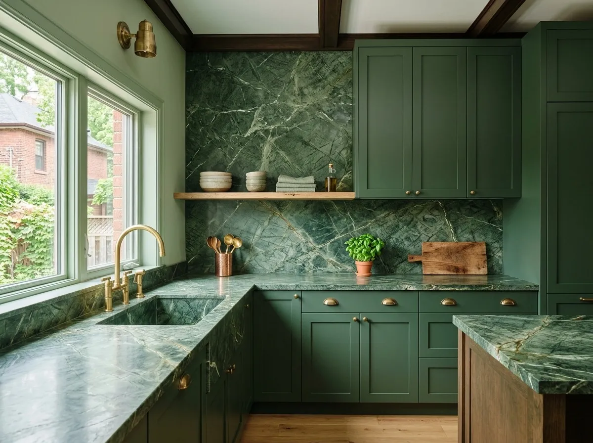 Tone-on-tone green kitchen with green shaker cabinets, green marble countertop and green marble backsplash