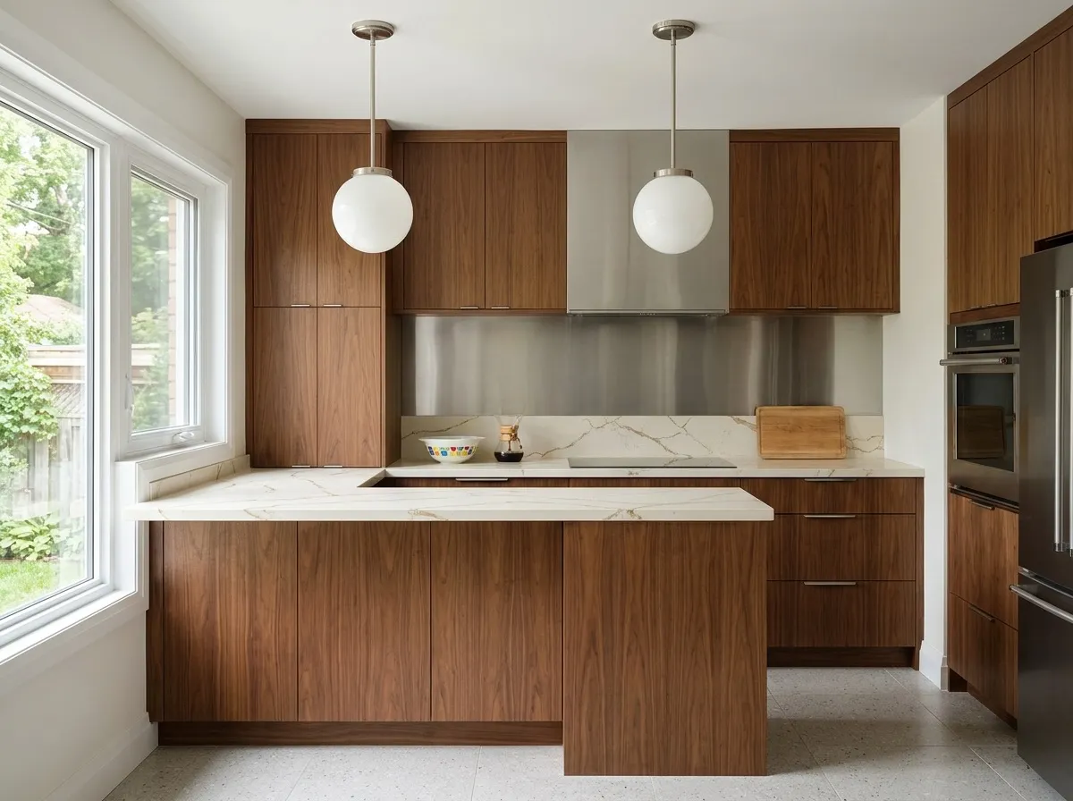 Mid-century walnut kitchen with cream gold-veined quartz, stainless steel backsplash and globe pendants