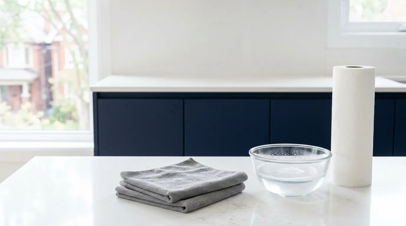 Two grey microfibre cloths, a bowl of warm soapy water and paper towel on a quartz counter in front of flat navy super matte cabinets