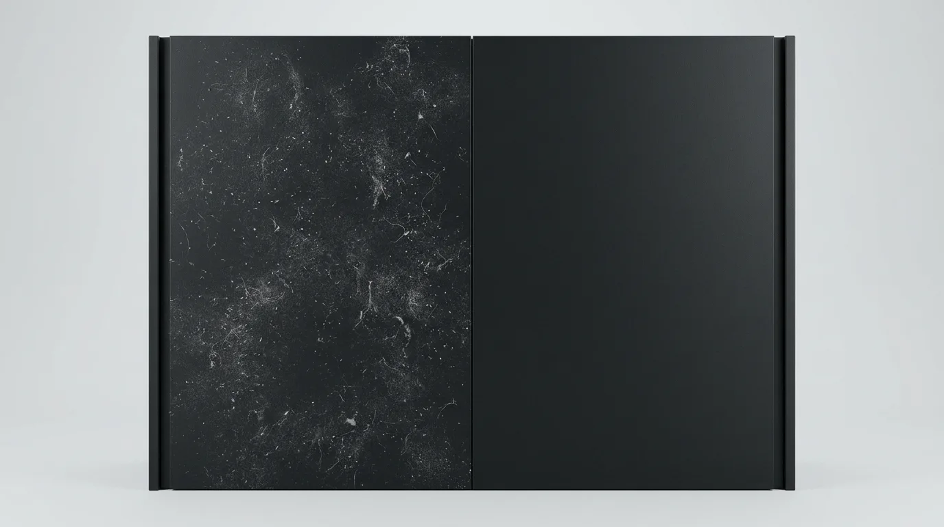 Flat slab super matte charcoal cabinet doors, one covered in dust and lint from static and one clean after damp wiping