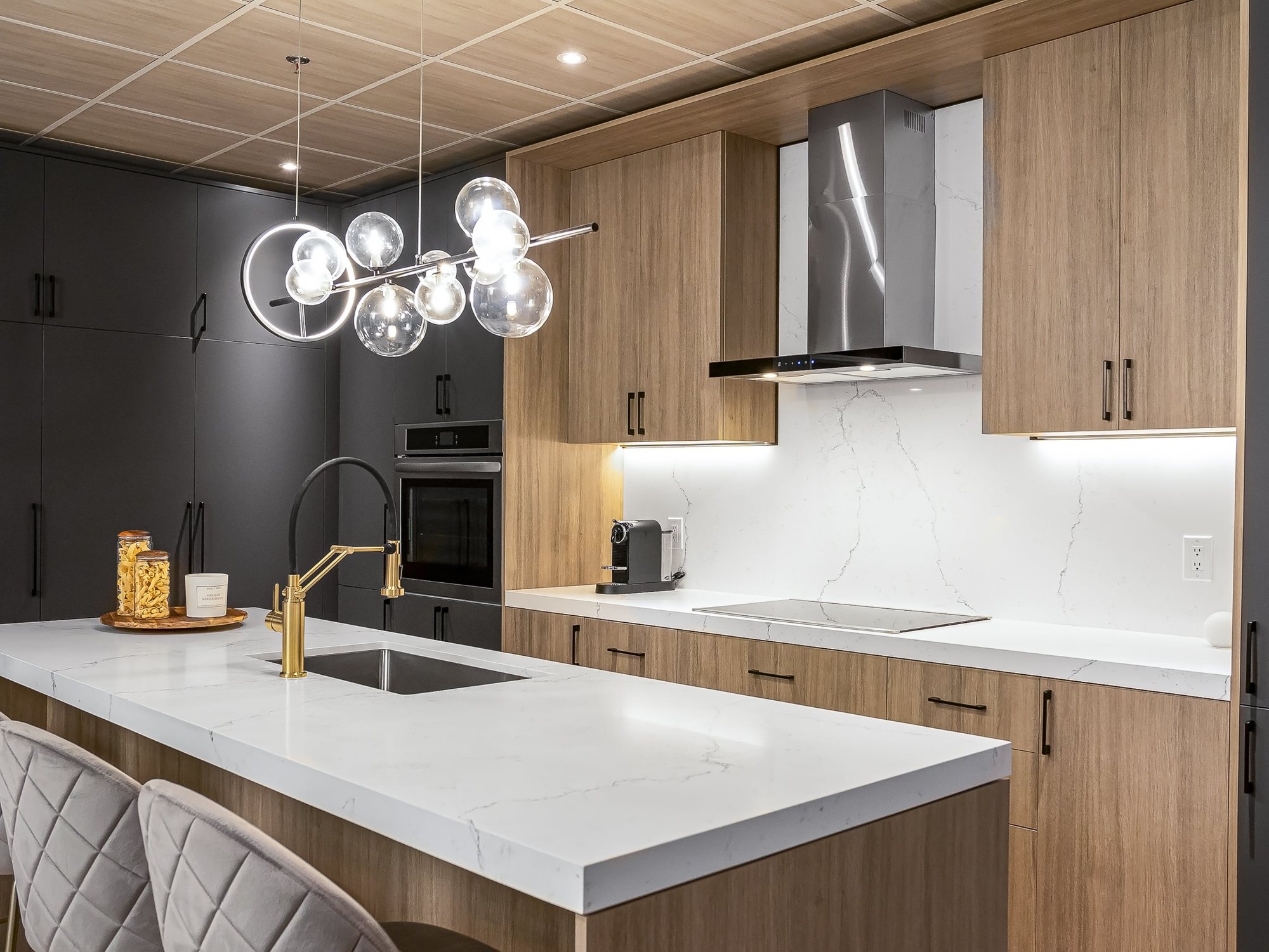 Custom kitchen cabinetry and marble island, full kitchen renovation in Toronto