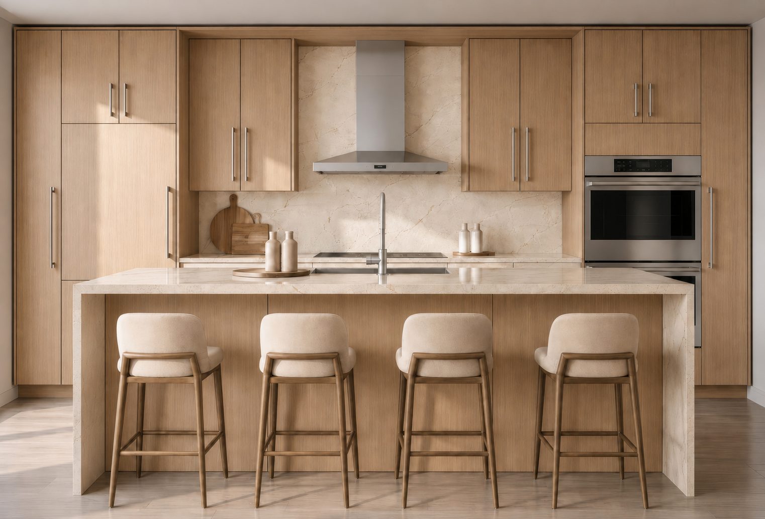 Kitchen with warm natural oak cabinets and marble backsplash