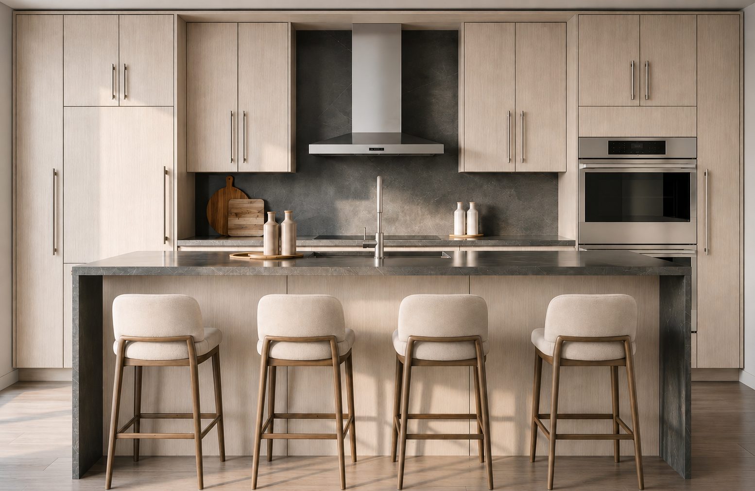 Same kitchen with light wood grain cabinets and dark stone backsplash