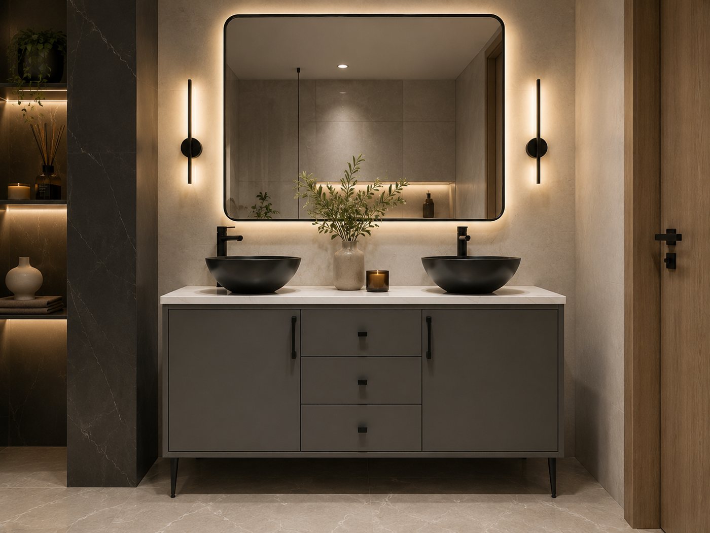 Floating double-sink custom vanity, bathroom renovation GTA