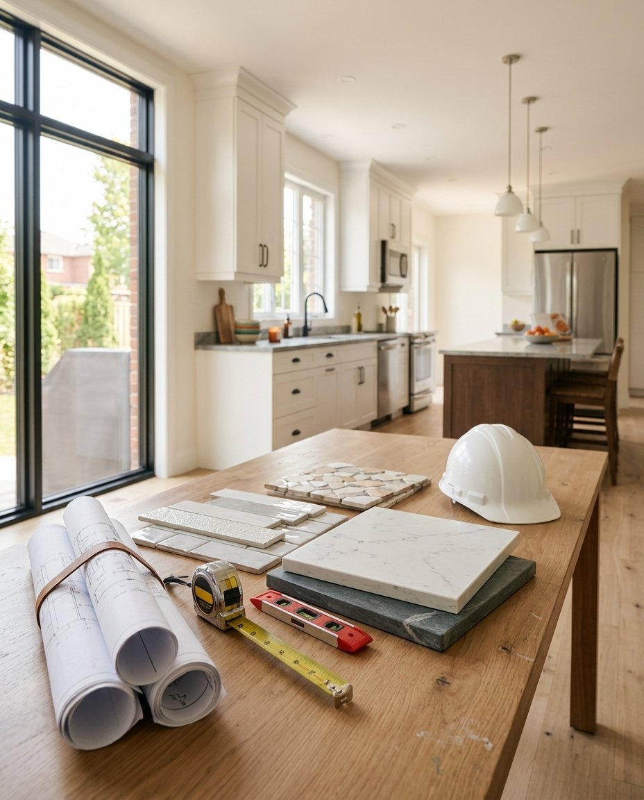 Hard hat, blueprints and tile samples on a table in a Toronto home renovation by Country Renovations