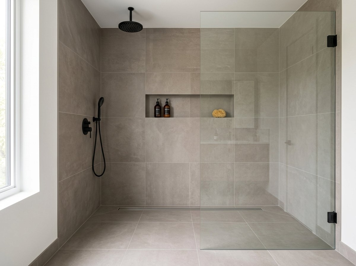 Curbless walk-in shower with large-format porcelain tile, linear drain and frameless glass, bathroom renovation Toronto